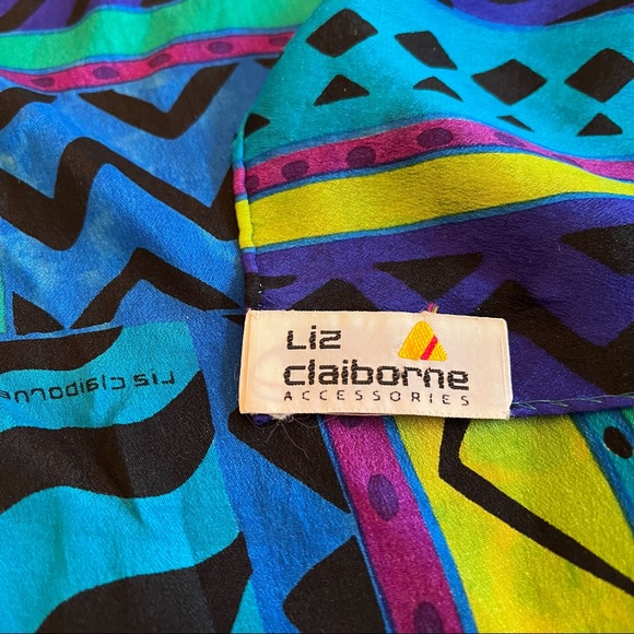 Liz Claiborne Vintage Silk Geometric Turquoise Purple Green Scarf - Picture 5 of 8